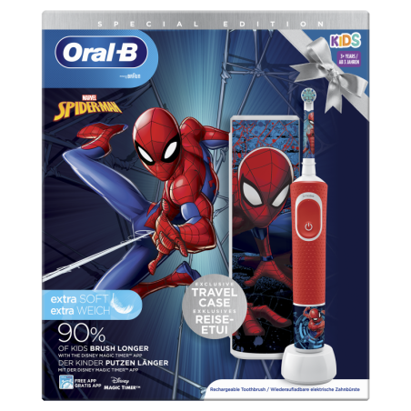 CEPILLO DENTAL ELECTRICO RECARGABLE INFANTIL ORAL-B 1 UNIDAD SPIDERMAN CON ESTUCHE DE VIAJE