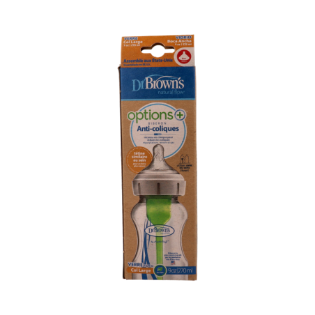 BIBERON VIDRIO ANTICOLICO TETINA SILICONA DR BROWN´S NATURAL FLOW OPTIONS 270 ML 2 U BOCA ANCHA